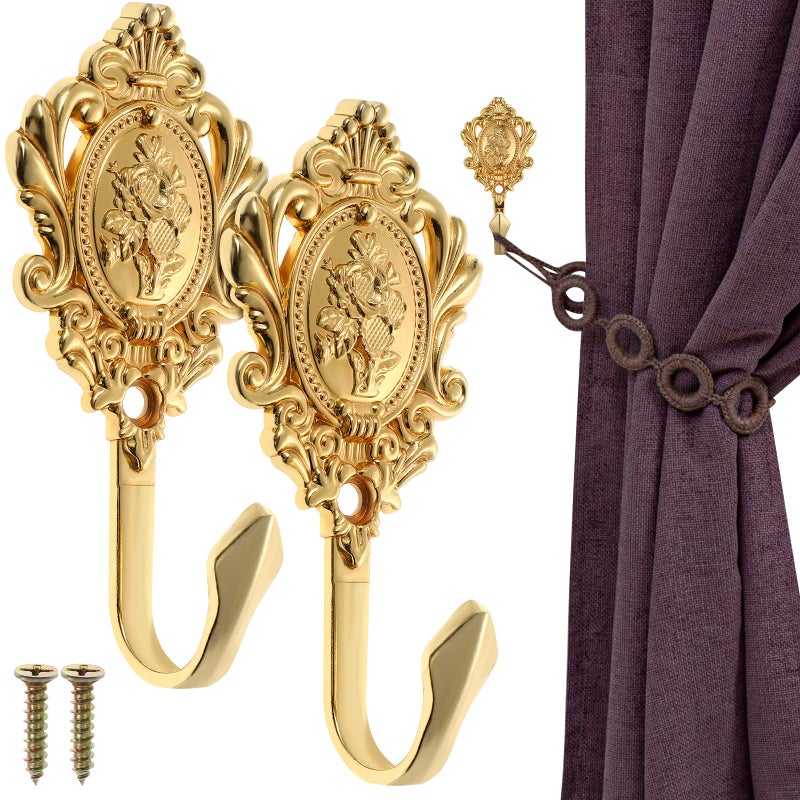 OULII 2-Pack Vintage Drapery Curtain Holdbacks Tieback Hooks Rose Pattern (Golden) - Image 4